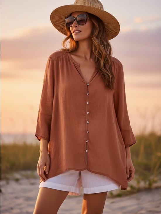 J. Jill Tops - J. Jill Rust 100% Linen Tunic | Button Front Breezy Summer Top Sz L